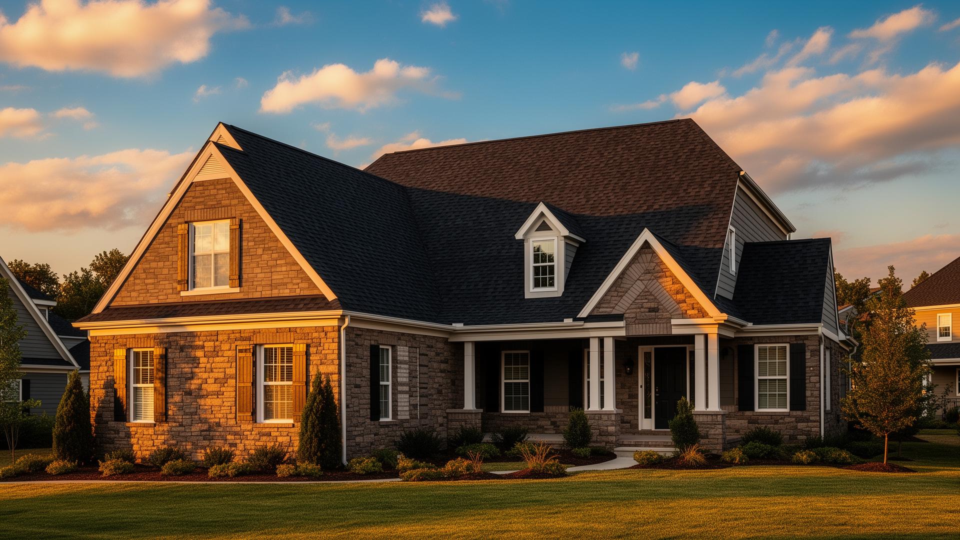 Beautiful home with new dark asphalt shingle roof at golden hour